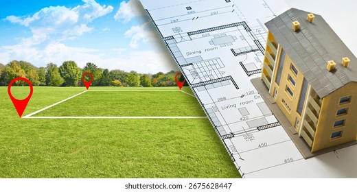 BUILDING PROJECT CONCEPT WITH LAND PLOT, FLOOR PLAN, AND HOUSE MODEL - Real estate planning, architecture design, and land development concept for construction and investment use