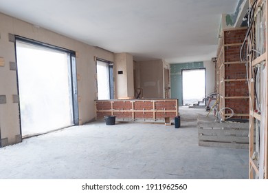 Building Repair. Installation Of Partitions In The Room. Frames For Fixing Wall Panels. Repair Work In The Room. Construction Site In A Building Without People. Empty Construction Site.