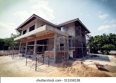 Building Residential Construction House With Scaffold Steel For Construction Worker, Image Used Vintage Filter