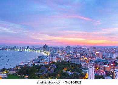 The Building And Skyscrapers In Twilight Time In Pattaya,Thailand. Pattaya City Is Famous About Sea Sport And Night Life Entertainment.