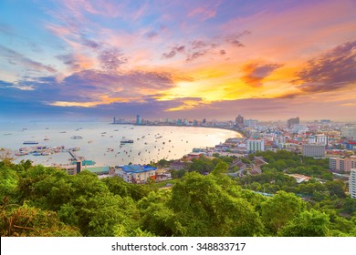 The Building And Skyscrapers In Twilight Time In Pattaya,Thailand. Pattaya City Is Famous About Sea Sport And Night Life Entertainment.