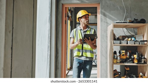 Building, tablet and walking with construction worker man on site for civil engineering or development. Checklist, inspection and planning with developer person on location for project management