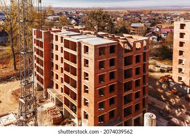 Building Under Construction. Aerial View Of The Construction Site Of A Brick House