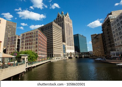 buildings along the Milwaukee river in downtown Milwaukee Wisconsin