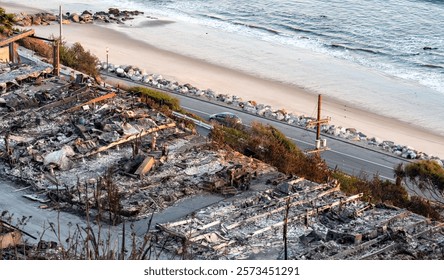 Buildings along Pacific Coast Highway destroyed by the Palisades Fire, in the Pacific Palisades neighborhood of Los Angeles, Calif., on Monday, Jan. 13, 2025. (Michael Goldsmith)
