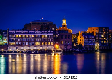 Buildings along the Piscataqua River at night, in Portsmouth, New Hampshire.
