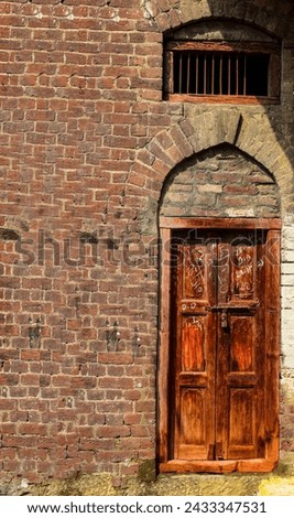 Buildings built during Mughal rule, Old buildings in the ancient city, old door design with wall,Old town door. Aged texture of stone and wood. Original photoPak door style.antique wooden door