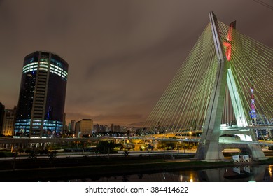 Buildings and cable stayed bridge in Sao Paulo - Brazil - at night