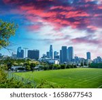 Buildings of Downtown Los Angeles from Vista Hermosa Natural Park, California.