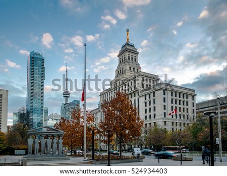 Buildings in Downtown Toronto with CN Tower and Autumn vegetation - Toronto, Ontario, Canada