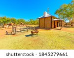 Buildings with grill of Alice Springs old telegraph station. A historic landmark in Alice Springs, Northern Territory, Central Australia. Outback Red Center desert.