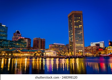 Buildings at the Inner Harbor at night, in Baltimore, Maryland.