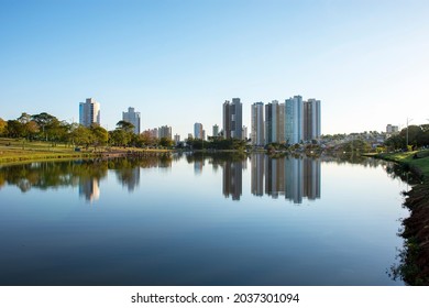 Buildings With Lake Reflection In The Parque Das Nações Indigenas In The City Of Campo Grande, Mato Grosso Do Sul, Brazil