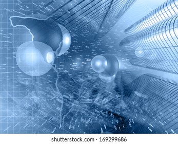 Buildings and map - abstract computer background in blues.
