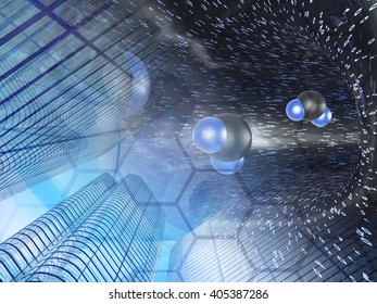 Buildings, molecules and map - abstract computer background.