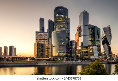 Buildings Of Moscow-City, Urban Landscape At Sunset, Russia, Europe. Moscow International Business Center Is New District Of Financial And Office Towers. Nice Skyline Of Modern Tall Buildings At Dusk