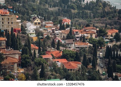 Buildings On Mountain Among Ever Green Trees, Crimean Landscape