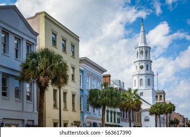 Buildings and palm trees along Broad Street, in Charleston, South Carolina.