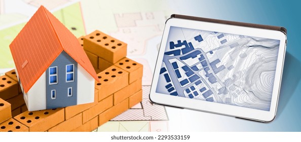 Buildings Permit concept with imaginary cadastral on digital tablet - building activity and construction industry with General Urban Plan with home model	
