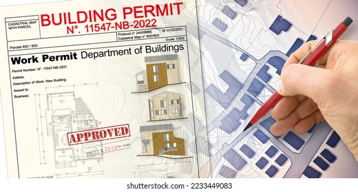 Buildings Permit concept with residential building project against an imaginary floor plans and elevations project of a new building