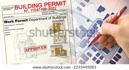 Buildings Permit concept with residential building project against an imaginary floor plans and elevations project of a new building Foto d'archivio © 