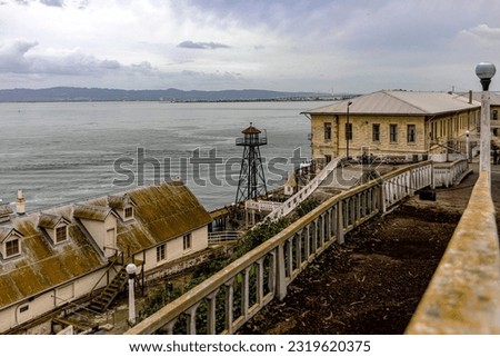 Buildings, pier and watchtower of the maximum security federal prison of Alcatraz in San Francisco Bay, in the state of California, United States of America. USA Concept.