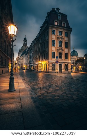 Buildings and street in Dresden. Historic Buildings. Urban area and city lifestyle. In the morning, blue hour sunrise