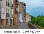 Buildings stretched alongisde ramparts of Pamplona, Spain.