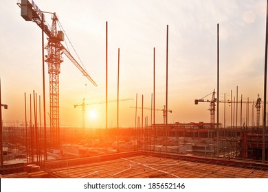 Buildings Under Construction With Sunset