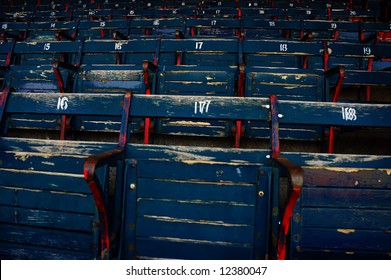 Built In 1912, Fenway Park Is One Of The Best Known And Most Historic Landmarks In The City Of Boston. View Of The Original Old Style Wooden Seats Inside Of The Park.