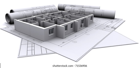 built walls of a house on construction drawings