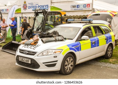 BUILTH WELLS, WALES - JULY 2018: Police Patrol Car Operated By Dyfed Powys Police On Display At A Public Event In Builth Wells