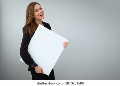 Buisness Woman Holding White Banner With Copy Spase. Isolated Female Portrait.