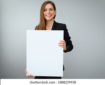 Buisness Woman Holding White Banner With Copy Spase. Isolated Female Portrait.