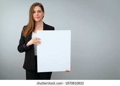 Buisness Woman Holding White Empty  Sign Board. Isolated Female Portrait.