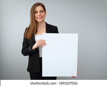 Buisness Woman Holding White Empty  Sign Board. Isolated Female Portrait.