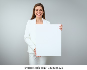 Buisness Woman Holding White Empty Banner. Isolated On White Back Female Portrait.