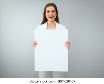 Buisness woman holding white empty banner. Isolated on white back female portrait.