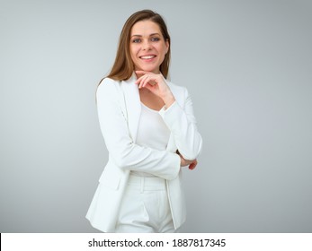 Buisness Woman In White Suit Standing Near To Copy Spase. Isolated Female Portrait.