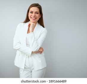 Buisness Woman In White Suit Standing Near To Copy Spase. Isolated Female Portrait.