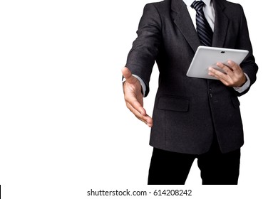 Buisnessman With Open Hand Ready For Handshake On White Background