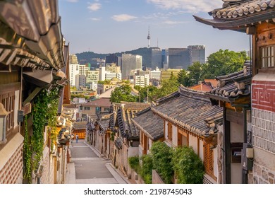 Bukchon Hanok Village with Seoul city skyline, cityscape of South Korea  - Shutterstock ID 2198745043