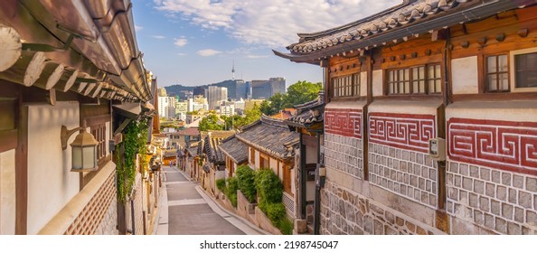 Bukchon Hanok Village with Seoul city skyline, cityscape of South Korea 