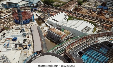 Bukit Bintang, Malaysia - July 17, 2020: aerial view of a construction site with crane in city center. Building of a new mall in Kuala Lumpur, Malaysia. Bukit Bintang City Center.