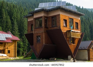 BUKOVEL,Ukraine-July 8,2014:Unusual House Upside Down In Mountain Landscape