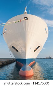 Bulbous Bow Of Dry Cargo Ship Docked In Harbor