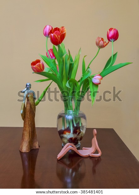 Bulbs Colorful Tulips Glass Vase On Stock Photo Edit Now 385481401