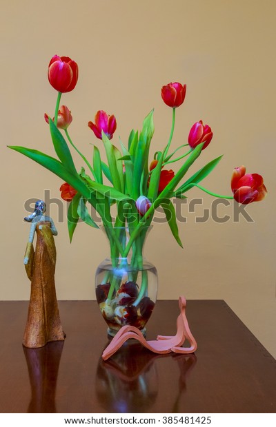 Bulbs Colorful Tulips Glass Vase On Stock Photo Edit Now 385481425