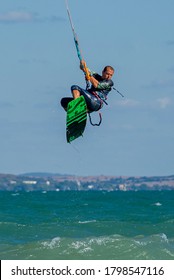 BULGARIA, BURGAS - AUGUST 17 2020: Kite Surf Training Of The Team On Burgas Beach. Burgas Bay Is The Best Place For Kite Surfing And Water Sports In Bulgaria.