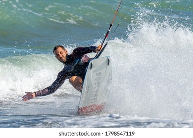 BULGARIA, BURGAS - AUGUST 17 2020: Kite Surf Training Of The Team On Burgas Beach. Burgas Bay Is The Best Place For Kite Surfing And Water Sports In Bulgaria.